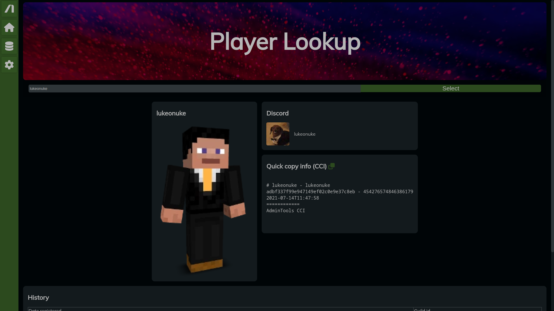 AdminTools player lookup page.